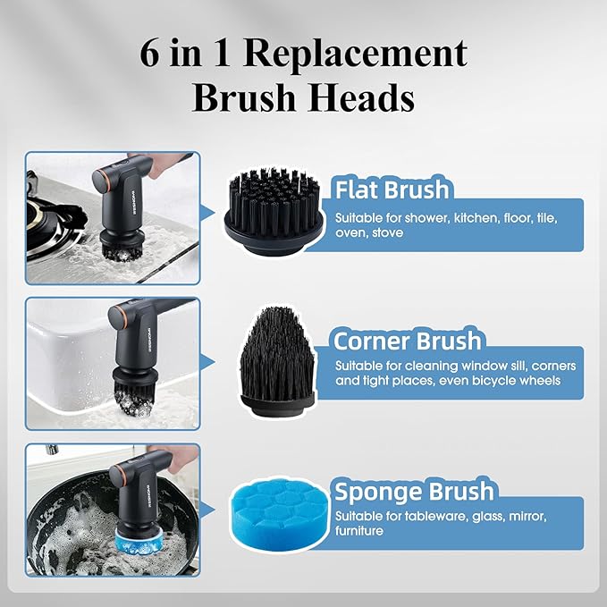 Electric Spin Scrubber Bathroom Shower Scrubber with LCD Display 2 Speeds Electric Scrubber for Cleaning with 6 Replaceable Heads 4-Hour Runtime‌ Cleaning Brush for Kitchen/Car Gray-Black