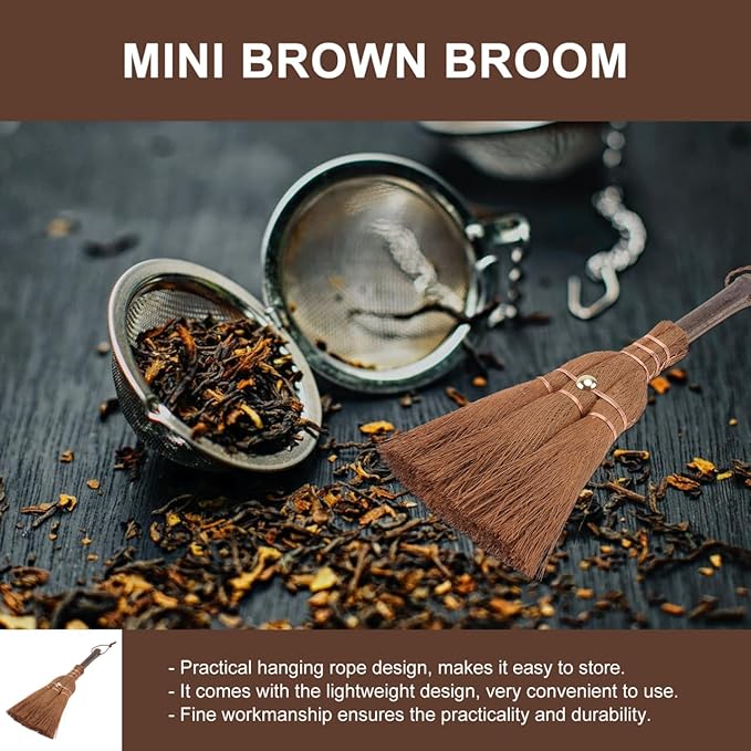 Mini Palm Broom Natural Bristle Small Household Cleaning Tool Lightweight with Hanging Rope for Desk Car Porch Dust Dirt