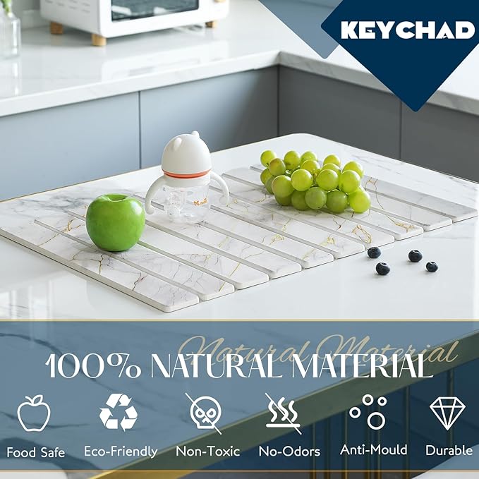 Large Stone Drying Mat for Kitchen Counter - 23.4 x 15.4 Quick Drying Foldable Dish Drying Mat - Super Absorbent Diatomaceous Earth Mat - Stone Dish Drying Mat for Cups Bottles