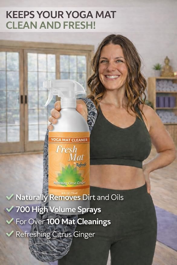 Fresh Mat Yoga Mat Cleaner Spray - Natural Deodorizing Cleaner for Yoga Mats &amp Fitness Equipment - No-Rinse Residue-Free Formula with Witch Hazel &amp Essential Oil Refreshing Citrus Ginger (24