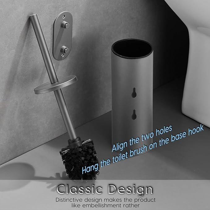 Stainless Steel Toilet Brush and Holder Set No-Punch Hook Base Dual Purpose Toilet Brush Holder with Removable Inner Bucket and Splash Cover - Soft Bristles (Gray)