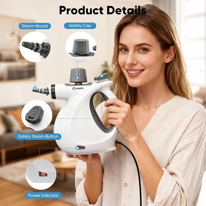 Saker Handheld Steam Cleaner NewPortable Steam Cleaner for Home1050W Steam Cleaner4 Fiber Cloths for Quick Heating &amp Deep Cleaning of Floors Cars and Kitchen