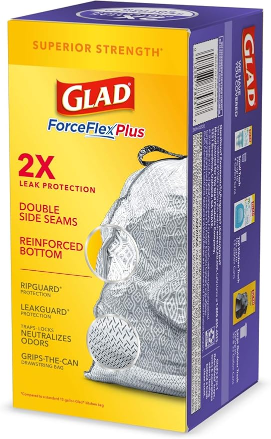 Glad Trash Bags ForceFlexPlus Tall Garbage Drawstring Garbage Bags - 13 Gallon Grey Trash Bag Lavender with Febreze Freshness 34 Count (Package May Vary)