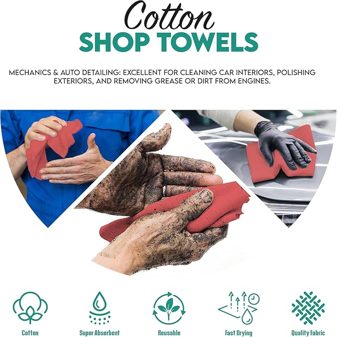 ZUPERIA Cotton Shop Towel – Multipurpose Cleaning Cloths (14 x 12 - Pack of 150 - Red) Reusable Shop Rags for Automobiles Industrial Restaurants Garage and Homes
