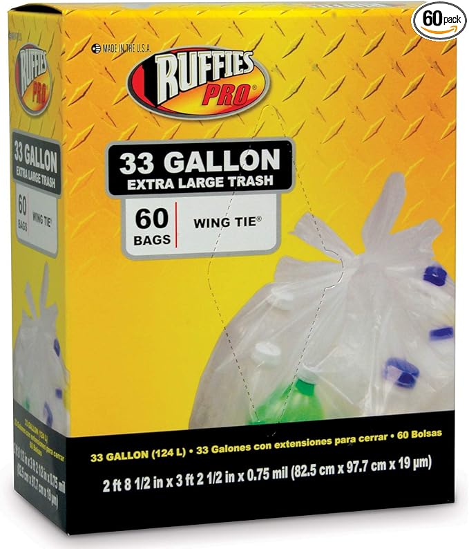 1124909 33 Gallon Clear X-Large Trash Bags 60 Count