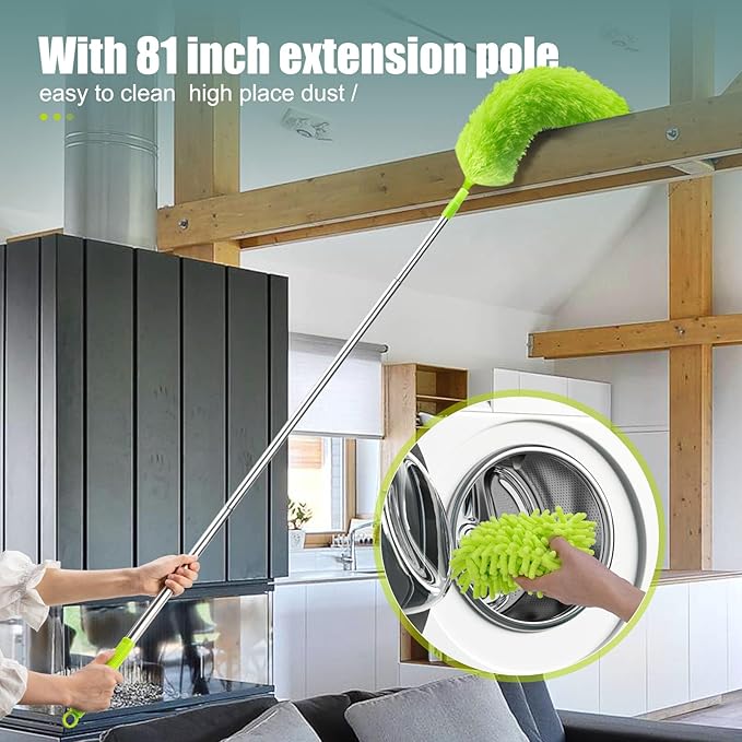 Microfiber Duster with Extension Pole 30 to 100'' Bendable Reusable Washable Feather Dusters for Cleaning High Ceiling Fan Cobweb Blinds Keyboard Furniture &amp Cars Green Gift for Women (11 PC