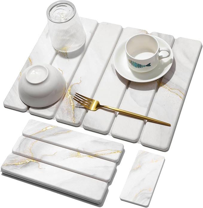 Small Stone Dish Drying Mat for Kitchen Counter 15.7×12 &amp 8x4 Quick Dry Stone Mats Foldable Water Absorbing Diatomaceous Earth Drying Dish Pad for Countertop Bottles Utensils Cup(Gold White)