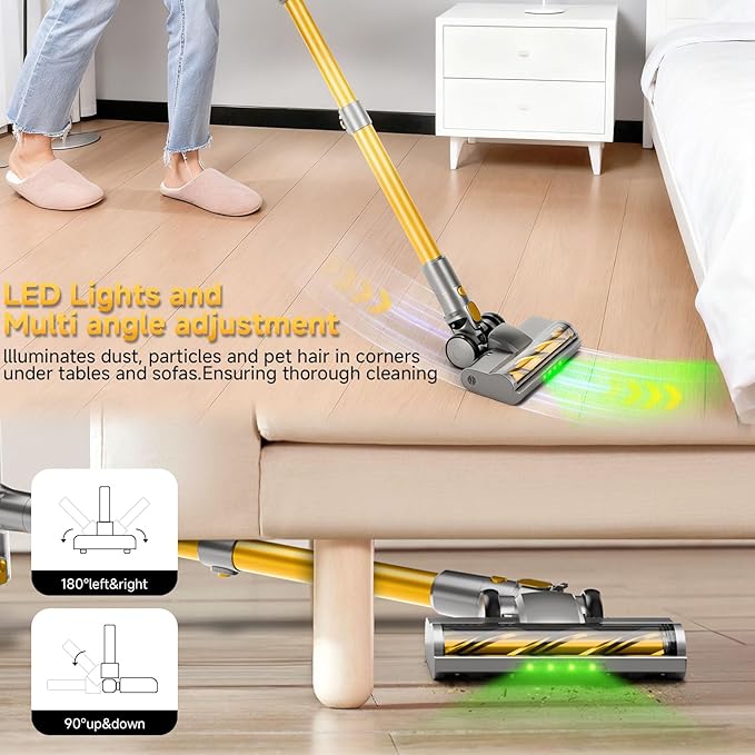 Cordless Stick Vacuum Cleaner - 45KPA Powerful Suction Vacuum with 45 Min Runtime Detachable Battery Anti-Tangle &amp 1.5L Dust Cup 8 in 1 Vacuum Cleaner for Pet Hair Carpet HardFloor Yellow