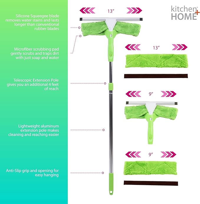 Super Squeegee Window Washer – The Original 3 in 1 Professional Window Squeegee Set - 2 Window Squeegees with Microfiber Scrubbers and Extension Pole – for Windows Glass and Auto