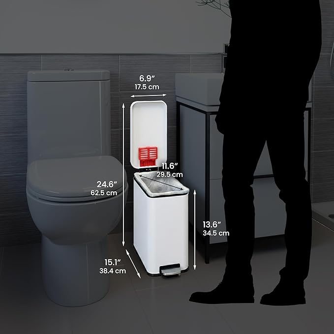iTouchless 3 Gallon Small Wastebasket for Bathroom with Lid Deodorizer Soft-Step Stainless Steel Slim Garbage Bin 11.5L White Small Trash Can Step Pedal Minimalist Nursery Decor for Clinic &amp