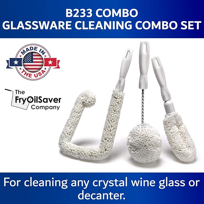 Set of 3 Glassware Cleaning Brush Kit - Non-Scratch Foam Wine Glass Cleaning Brush Set for Glassware Decanter Mug Stemware - for Home Restaurant Bar Hotel - by FryOilSaver Co.