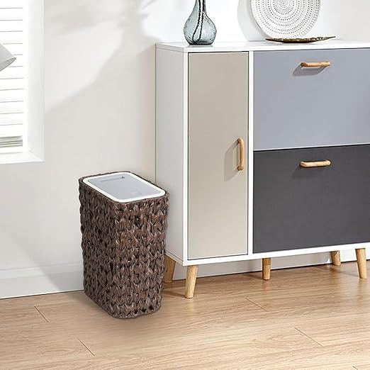 Bathroom Small Trash Can with Lid2.6 Gallon Small Garbage Can with Rattan Basket Slim Wicker Wastebasket Trash Can Press Top Lid for BathroomKitchenOfficeLiving RoomBedroom Brown