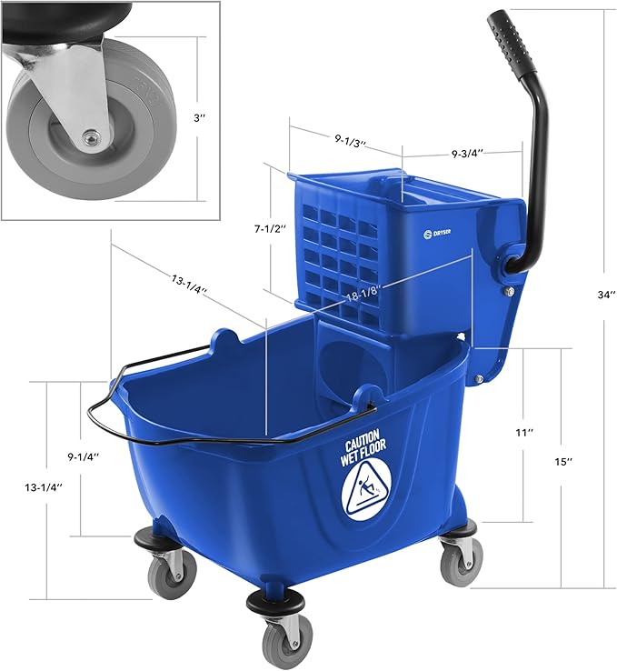 Dryser Commercial Mop Bucket with Side Press Wringer 26 Quart Blue