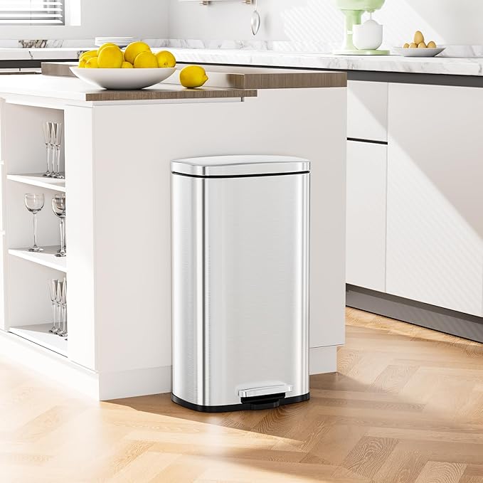 Arlopu 8 Gallon Step Trash Can Stainless Steel Garbage Bin Soft-Close Rubbish Bin with Removable Plastic Inner Bucket Fingerprint-Proof Lid Dustbin Suit for Kitchen Home (Silver 30L)