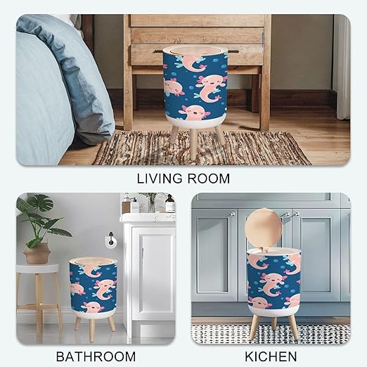 Small Trash Can with Lid axolotl kawaii seamless pattern baby amphibian cute animal drawn 1.8 Gallon/7L Garbage Can Waste Bin with Press Top Lid Wood Legs Wastebasket for Bathroom Kitchen Bedroom