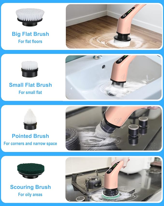 Leebein Electric Spin Scrubber Cordless Powerful Scrub Brush for Cleaning Bathroom Kitchen Shower Tub and Floor Tile with Adjustable Extension Long Handle and 8 Replaceable Brush Heads(Rose)
