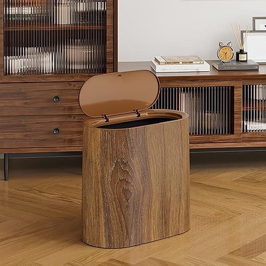 Waste Basket for Bathroom with Lids Plastic Marble Wood Pattern Trash Can Small Garbage Bin with Lid for Bathroom Narrow Waste Basket Modern Waste Basket for Home (Brown-11.6 * 11.2'')