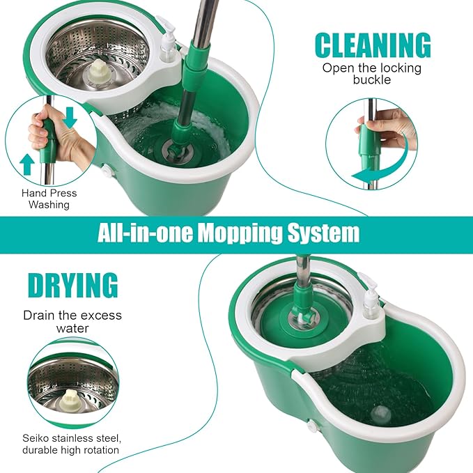 Spin Mop and Bucket with Wringer Set 360° Spinning Mop Bucket System with 3 Microfiber Mop Replacement Heads and 61 Stainless Steel Adjustable Handle for Floor Cleaning (20QT)