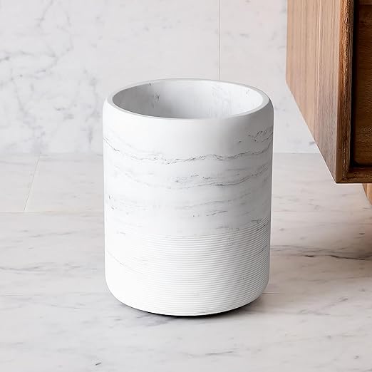 Bathroom Trash Can - Decorative Wastebasket Finished in Resin Beautiful Marble Look Modern Round Waste Basket for Bathroom Powder Room Or Living (Marble Style) white