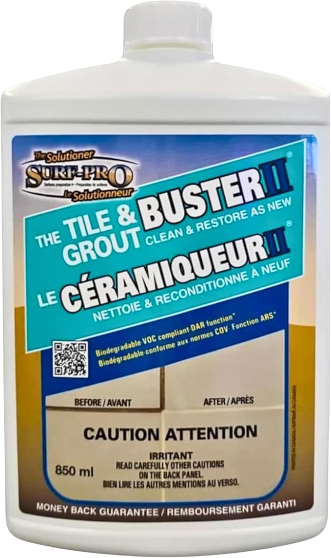 Tile and Grout Buster Cleaner 850 ml (28 oz) – Heavy-Duty Tile &amp Grout Stain Remover for Bathroom Kitchen Shower &amp Floors – For Ceramic Porcelain Stone &amp More – Made in Canada