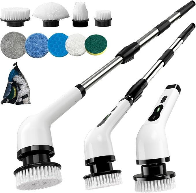 Kingwell Electric Spin Scrubber Cordless Electric Scrubber for Cleaning with 9 Brush Heads 2 Speeds3 Adjustable Handle 90Mins Work Time Shower Scrubber for Bathroom Tub FloorWhite