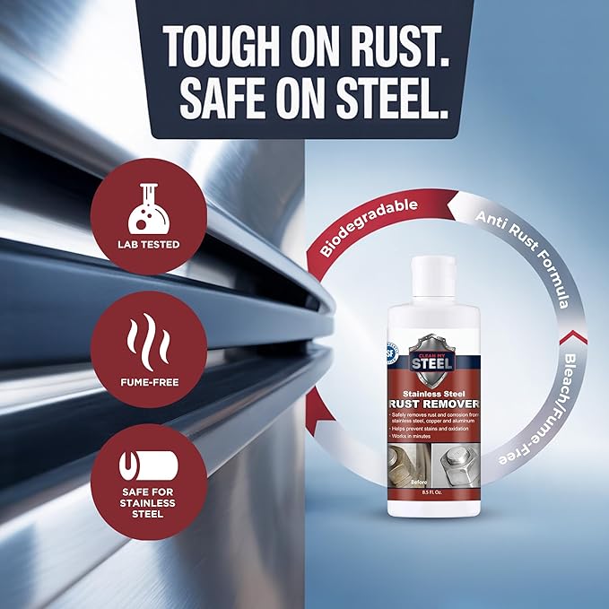 Stainless Steel Rust Stain Remover &amp Cleaner Soft Cleanser Safe for Food Areas Non-Toxic for Appliances Perfect for Commercial Equipment Refrigerator Cybertruck and more (8.5 oz)