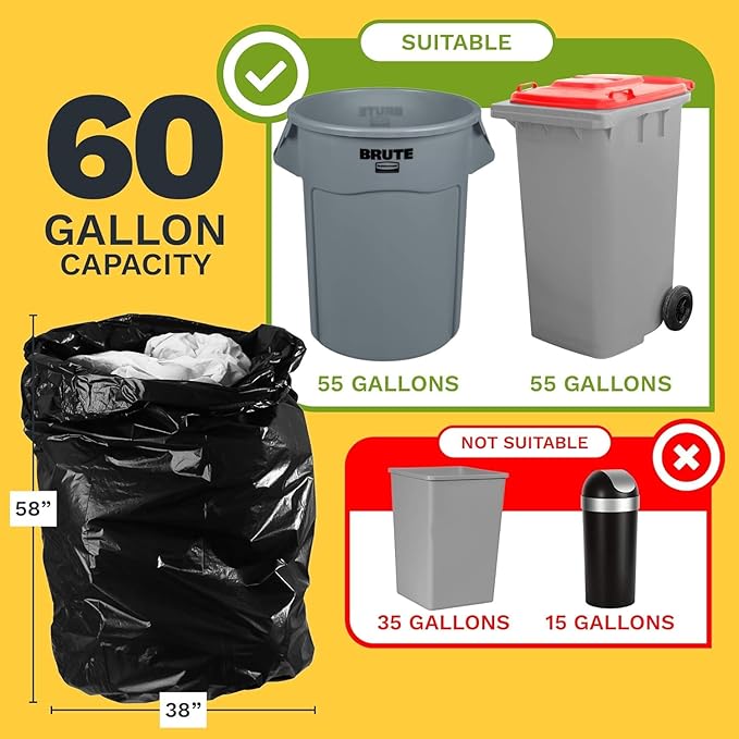ToughBag 55 Gallon Trash Bags Heavy Duty (100 Count) - 50-60 Gallon Black Garbage Bags Large Trash Bags - 38 x 58 - Made in USA