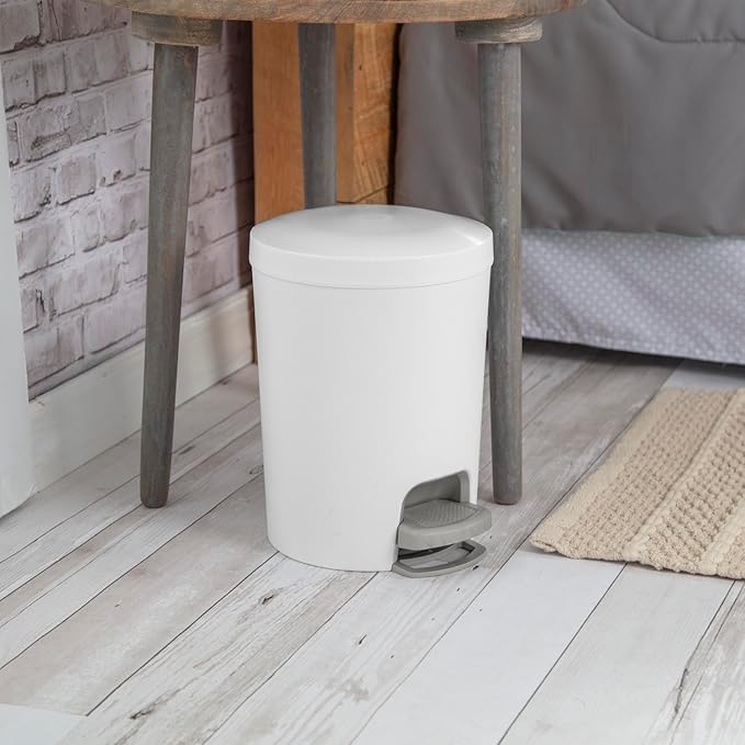 Sterilite 1.6 Gallon StepOn Wastebasket w/Lid Small Plastic Trash Can for the Bathroom Bedroom or Dorm Pedal and Liner White 2-Pack