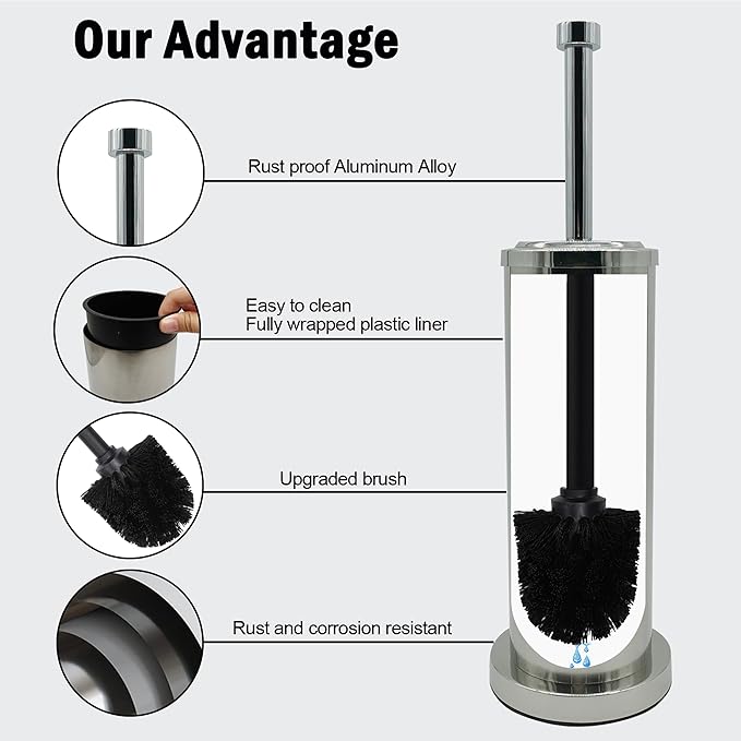 Silver Chrome Toilet Bowl Brush with Holder with Removable Plastic Liner Durable Bathroom Cleaning Tool Bathroom Cleaner Brush for Efficient Cleaning and Hygiene