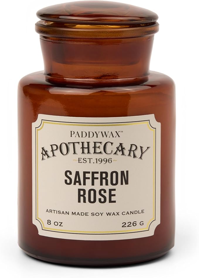 Paddywax Artisan Apothecary Scented Candle with Lid in Reusable Glass Jar Clean-Burn Soy Candle with Approx. 54 Hour Burn Time Saffron &amp Rose 8 oz