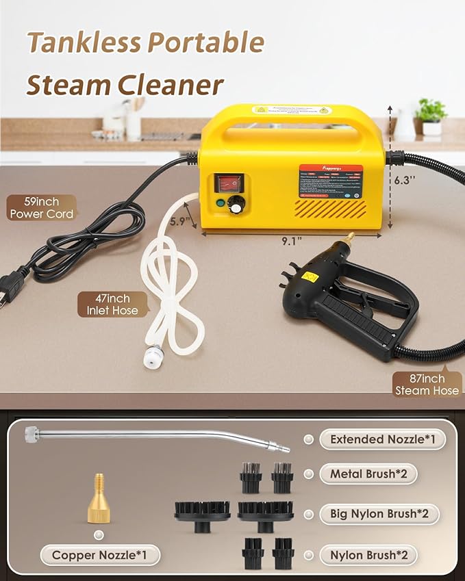 1500W Tankless Pressurized Steam Cleaner - Handheld Portable Grout &amp Tile Steamer for Home Kitchen Bathroom and Car Cleaning - 110V | Yellow