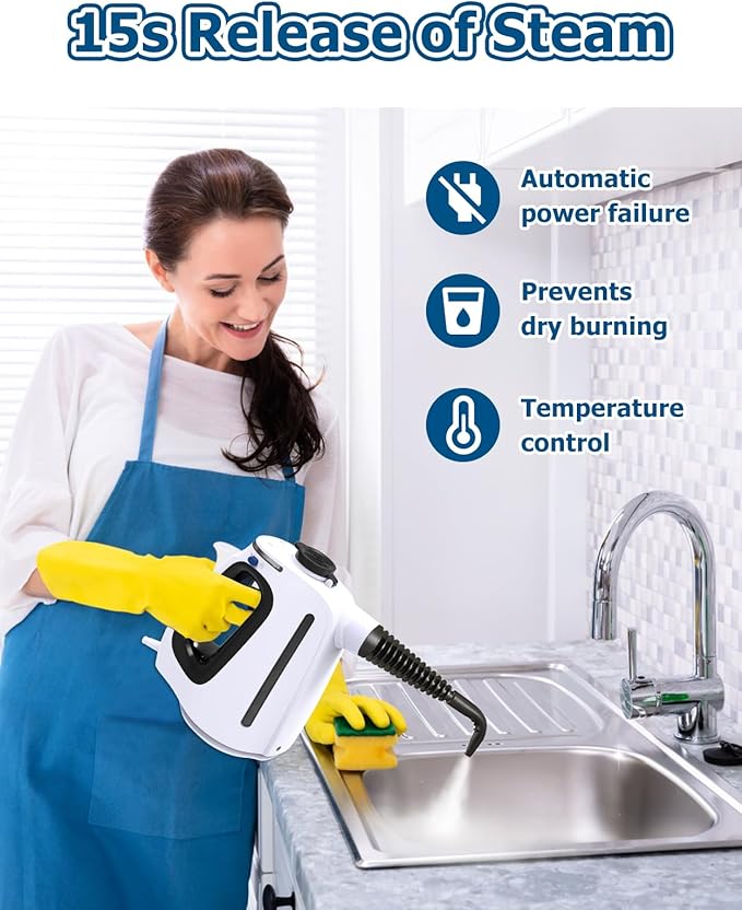 Handheld Steam Cleaner 9.8FT Power CordSteamer for Cleaning with 11 Accessories 15 Seconds Fast Heating High Temperature Cleaning 530Ml Capacity Steam Cleaner for Washroom Kitchen and Car