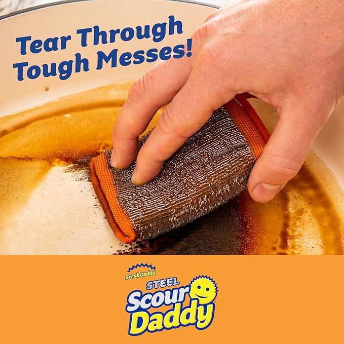 Scrub Daddy Steel Scouring Pad Scrub Sponges - Stainless Steel Scour Daddy - Stainless Steel Fibers Do What Scrubbing Sponges Can't - Durable Shred-Resistant Scrubbing Pads - 2 Count (6 Pack)