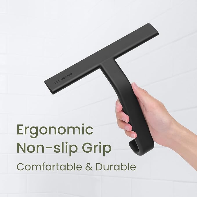 dancemoon JustHang Shower Squeegee for Glass Doors All-in-One Piece Silicone Squeegee with Built-in Hook for Bathroom Window Mirror Tile Wall Car Streak-Free Bathroom Cleaner Tool10 Inch Black