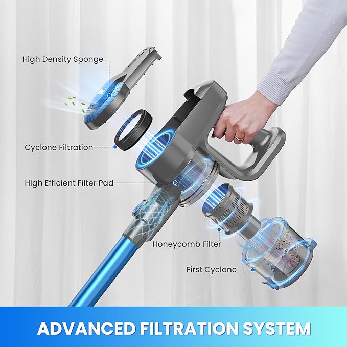 Lightweight Cordless Vacuum Cleaner for Home Powerful Wireless Vacuum with LED Lights &amp Anti-Tangling Roller 8 in 1 Stick Vacuums &amp Electric Brooms for Hard Floor Pet Hair Carpet (Blue)