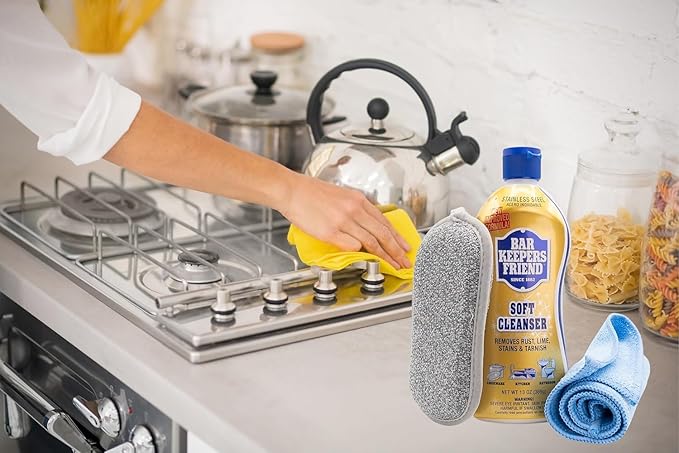 Arsta Home Bundle - Bar's Friend Cleanser &amp Polish 13oz Stainless Steel Cleaner for Pots and Pans Cooktops Hard Water Kitchen Bathroom with Microfiber Towel &amp Scouring Pad