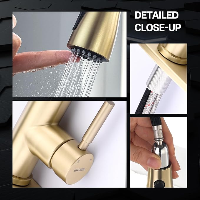 WEWE Gold Kitchen Faucet with Pull Down Sprayer Single Handle Brushed Gold Kitchen Sink Faucets Stainless Steel Brass Copper Commercial RV 1 or 3 Hole Champagne Bronze