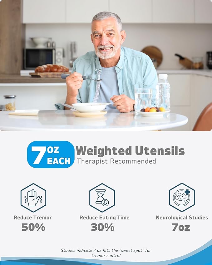 Adaptive Utensils (4-Piece Set) Weighted 7 Oz Each- Weighted Utensils for Hand Tremors and Parkinson's Patients - Weighted Silverware for Hand Tremors Weighted Spoons