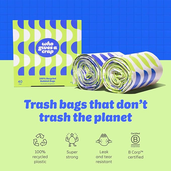 Who Gives a Crap 100% Recycled Tall Kitchen Trash Bags 40 Count 13 Gallon Sustainable Garbage Bags for Kitchen or Large Trash Cans Designed to Help Resist Leaks and Tears Durable Tie Handles