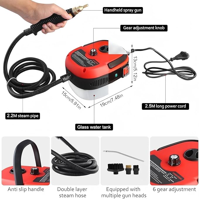 Handheld Steam Cleaner 2500W High Pressure 3 BAR with Brush Heads 1.2L Water Tank Bottom Drainage 6-Speed Adjustment for Grout Tile Car Kitchen Bathroom Cleaning