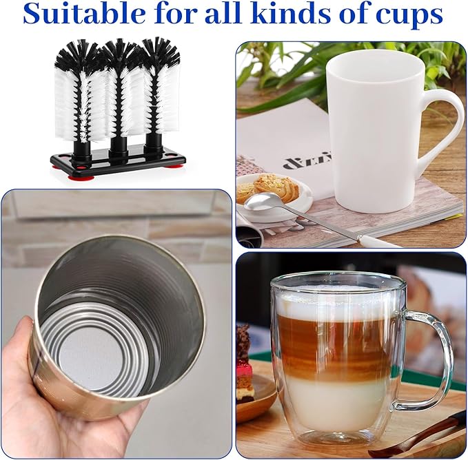 2 Pack Water Bottle Cleaning Brush with 3 Brushe Heads &amp Suction BaseGlass Cup Washer for Sink Bar Beer Cup Wine Glass（7.3 x 3.7 x 7.5 inch）