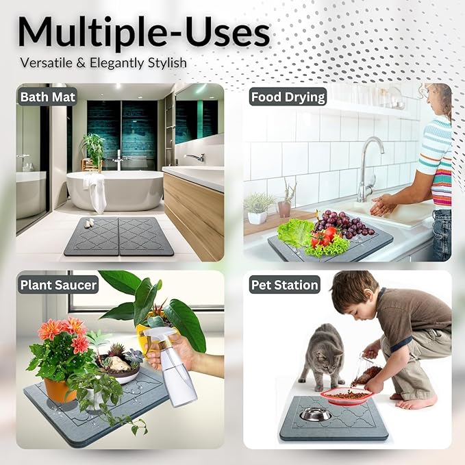 BARTEQ Large Stone Dish Drying Mat 23.6” X 15.4 Foldable Diatomaceous Drying Mat for Kitchen Counter Non-Slip Quick Drying Stone - Moroccan Trellis Grey