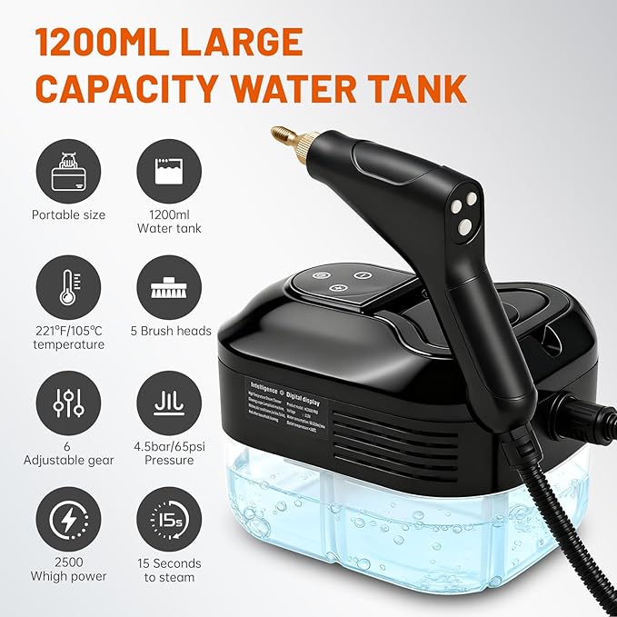 Pressurized Handheld Steam Cleaner Portable Steamer for Cleaning with 1.2L Large Tank 15s Fast Heat-Up 6-Level Adjustable Powerful Steam Cleaner for Home Car Kitchen Tile Grout(Black)
