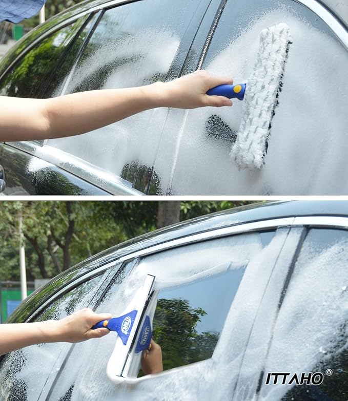 ITTAHO 81 Window Squeegee Cleaner Window Cleaning Tool Kit12 Squeegee and 11 Microfiber Scrubber Combi with Stainless Steel Pole for CarSliding DoorShower Glass Door-Swivel Style-2 Pads