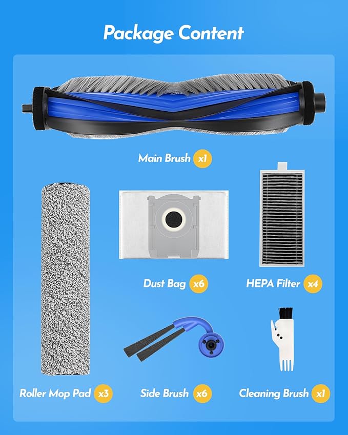 X9 Pro Omni Accessories Kit for Ecovacs Deebot T80S Omni/X9 Pro Omni/Yeedi S16 PlusRobot Vacuum Cleaner 21 PCS Replacement Parts: 1 Main Brush 3 Roller Mops 6 Side Brushes4 Filters 6 Dust Bags