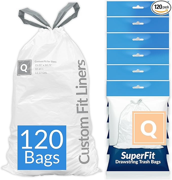 Reli. SuperFit Code Q (120 Count) | Compatible with Simplehuman Code Q | Dispenser Pack Custom Fit Liners | Drawstring Trash Bags | 50-65 Liter / 13-17 Gallon | White