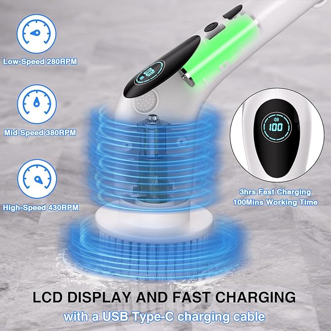 Electric Spin Scrubber Electric Spin Cordless Tub and Tile Scrubber with Voice Broadcasting 3 Speed 9 Replaceable Clean Heads Power Spin Scrubbers