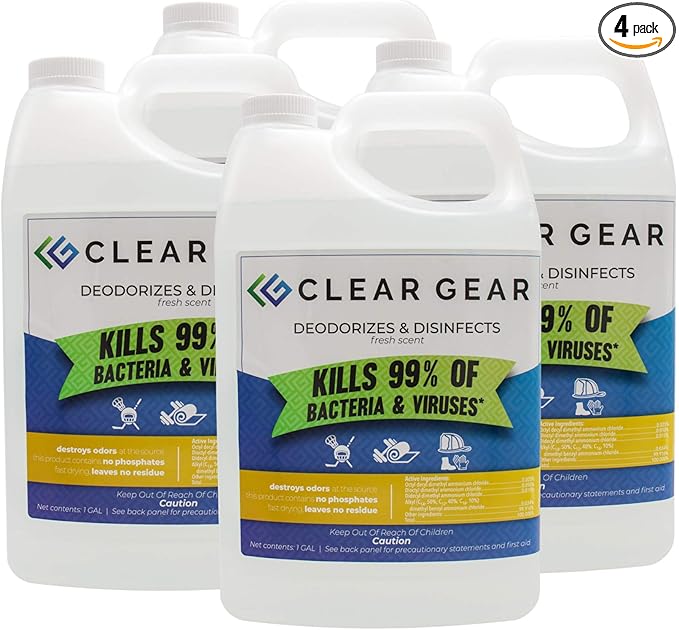Clear Gear Gym Disinfectant Mat Cleaner and Gym Equipment Deodorizer for Sports Equipment and Fitness Centers - EPA-Registered Hospital Grade Disinfectant Made in USA - (4) 1 Gallon Bottles