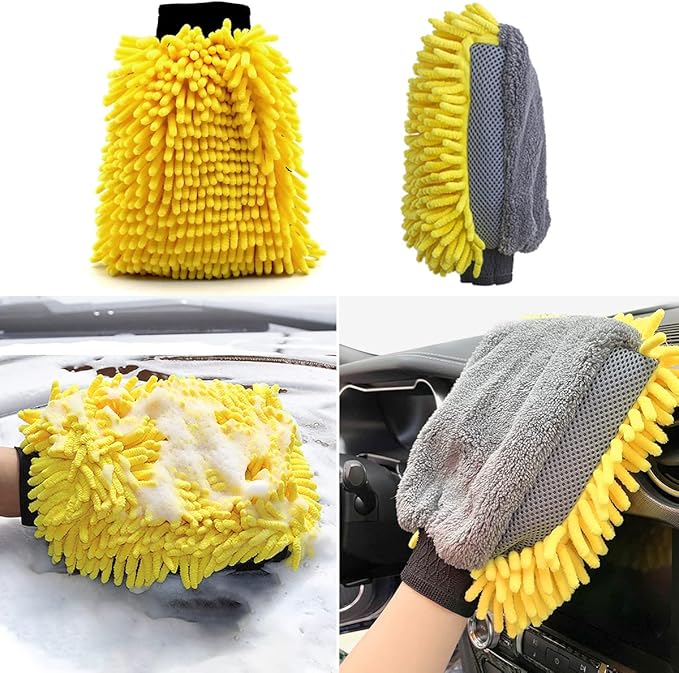 Car Wash Brush with Long Handle Chenille Microfiber Mop Mitt with 1 Replacement Head Wheel Brush Extension Pole Cleaning Kit &amp Towels for Cars &amp Trucks - 5PCS