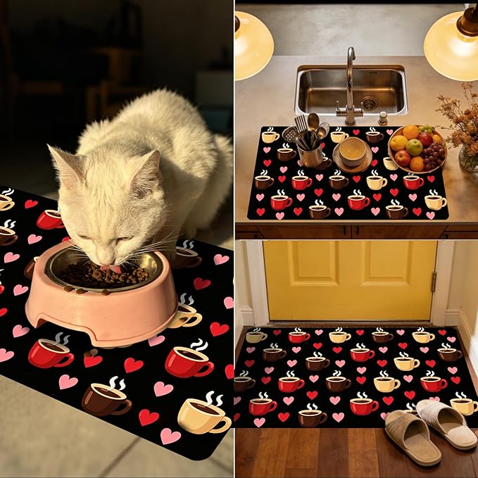 Nuxovilar Coffee Bar Mat Natural Rubber &amp Canvas Fabric 16.92 x 31.1 Coffee &amp Heart Print Bar Accessories Decorative Mat Home Kitchen Breakfast Nook
